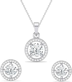 Clara 925 Sterling Silver Round Solitaire Pendant Earring Chain Jewellery Set | Rhodium Plated, Swiss Zirconia | Gift for Women & Girls