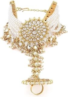 I Jewels Traditional 18k Gold Plated Embellish With Kundan & Pearl Adjustable Haath Phool/Panja Bracelet for Women (PIJ029W) (Pack of 1)