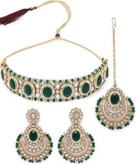 Sukkhi Indian Traditional Gold Plated Stone & Beads Choker Necklace Set With Earring And Maangtika | Jewellery Set For Women