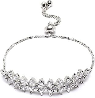 ZENEME Rhodium-Plated Silver Toned American Diamond studded Floral Shaped Link Bracelet Jewellery for Girls and Women (Lime Green)